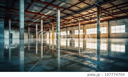 Industrial building or modern factory for manufacturing production plant or large warehouse, Polished concrete floor clean condition and space for industry product 107774704