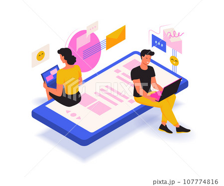 Social media. Mobile internet chat. Network in phone. Digital smartphone app. Couple online communication. People sitting on device screen. Sending messages. Vector isometric design Social media. Mobile internet chat. Network in phone. Digital smartphone app. Couple online communication. People sitting on device screen. Sending messages. Vector isometric design 107774816