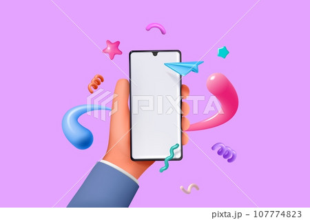 3d phone. Hand hold mobile app in smartphone, smart technology, device or product with empty screen, advertisement template. Online marketing. Vector icon, render illustration 3d phone. Hand hold mobile app in smartphone, smart technology, device or product with empty screen, advertisement template. Online marketing. Vector icon, render illustration 107774823