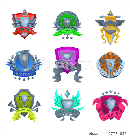 Champ emblem. Gamers award. Pennant and shield. Victory goblet. Laurel wreath. Game champion. Winners ribbon. Trophy cup with wings. Achievement badge design. Vector GUI elements set Champ emblem. Gamers award. Pennant and shield. Victory goblet. Laurel wreath. Game champion. Winners ribbon. Trophy cup with wings. Achievement badge design. Vector GUI elements set 107774835