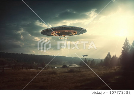 a UFO with bright lights in a dark cloudy sky, sci-fi, dramatic art created 107775382