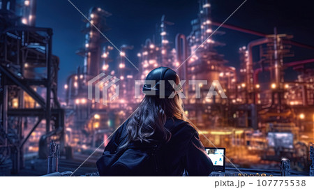 Backside of woman petrochemical engineer working at night with laptop Inside oil and gas refinery plant industry factory at night for inspector safety quality control 107775538