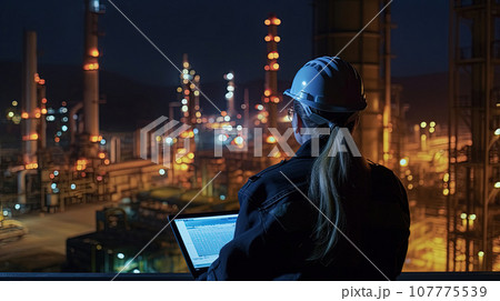 Backside of woman petrochemical engineer working at night with laptop Inside oil and gas refinery plant industry factory at night for inspector safety quality control 107775539
