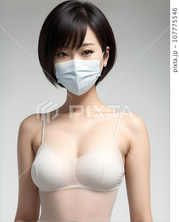 マスクをかけた下着姿服のショートカットの女性 マスクをかけた下着姿服のショートカットの女性 107775546