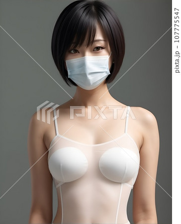 マスクをかけた下着姿服のショートカットの女性 マスクをかけた下着姿服のショートカットの女性 107775547