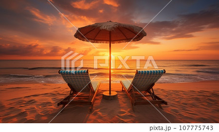 Two sunbeds with parasol on the sandy beach by the sea during lovely summer sunset, travel and vacation concept 107775743