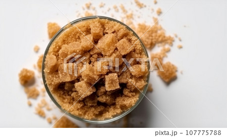 A bowl of brown sugar flat lay on white background copy space. 107775788