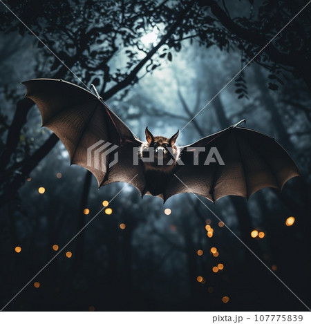 Scary bat flying in the forest during night, nature and wildlife concept 107775839