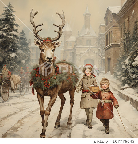 Christmas background in vintage retro postcard style, Winter, snow, ancient city, deer with a Christmas wreath, children, Christmas trees, creative unusual wallpaper 107776045