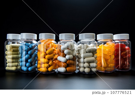 colored probiotic tablets in glass bottles 107776521