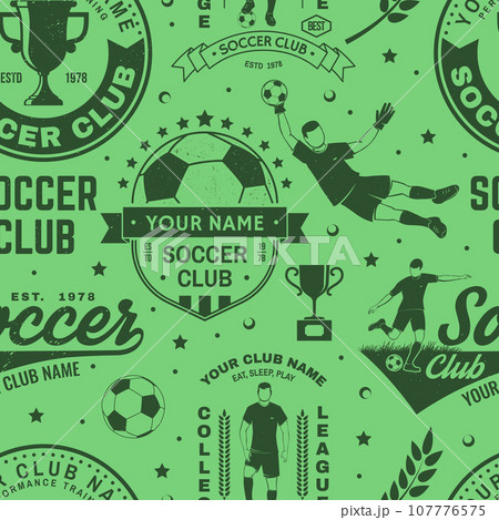 Soccer, football club seamless pattern. Vector illustration. For football club background with soccer and football player, goalkeeper and gate silhouettes. Concept for soccer sport pattern background Soccer, football club seamless pattern. Vector illustration. For football club background with soccer and football player, goalkeeper and gate silhouettes. Concept for soccer sport pattern background 107776575
