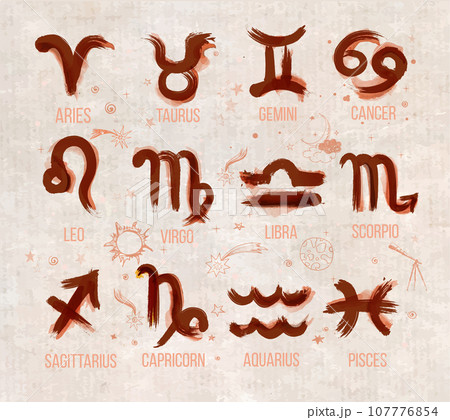 Zodiak icon signs set hand drawn with wet brush and ink on vintage background. Astrology symbols, horoscope. Vector illustration. 107776854
