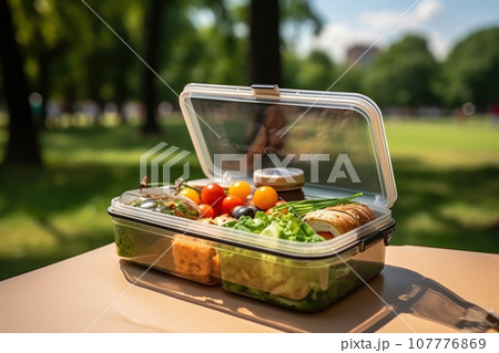 Lunchbox against the backdrop of the park 107776869