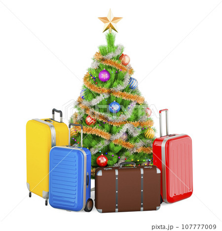 Christmas holidays concept. Suitcases around Christmas tree. 3D rendering 107777009
