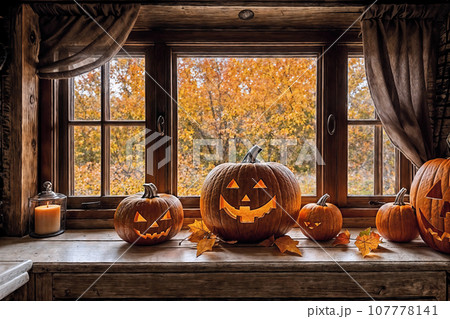 halloween holiday decoration with pumpkins, autumn leaves and candles, still life, cozy, festive background, beautiful landscape outside the window 107778141