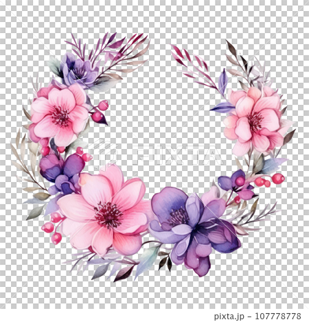 watercolor Floral wreath with pink and purple flowers 107778778