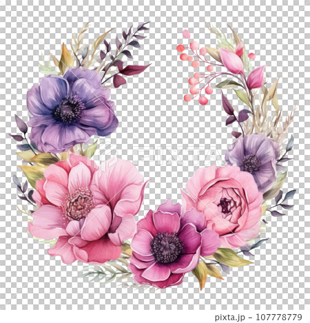 watercolor Floral wreath with pink and purple flowers watercolor Floral wreath with pink and purple flowers 107778779
