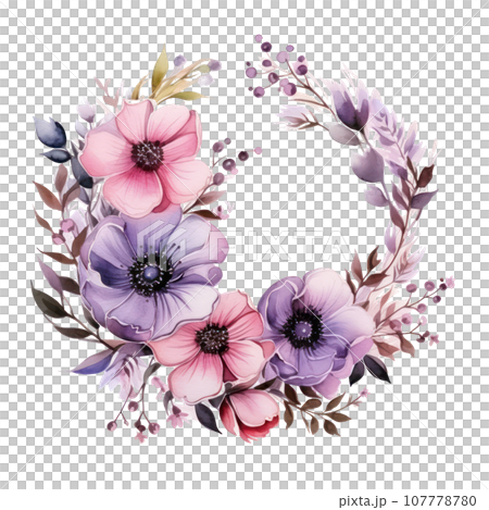 watercolor Floral wreath with pink and purple flowers watercolor Floral wreath with pink and purple flowers 107778780