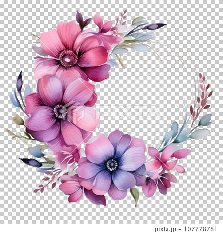 watercolor Floral wreath with pink and purple flowers watercolor Floral wreath with pink and purple flowers 107778781