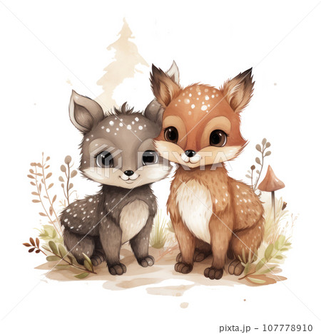 Cute woodland animals in watercolor style. isolated Cute woodland animals in watercolor style. isolated 107778910