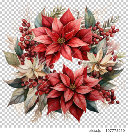 watercolor poinsettia christmas wreath flower isolated 107778930