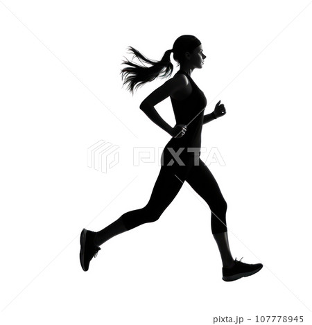 Sporty woman runner in silhouette on white background Sporty woman runner in silhouette on white background 107778945