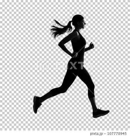 Sporty woman runner in silhouette on white background Sporty woman runner in silhouette on white background 107778945