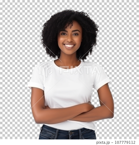 Happy black woman standing with arms crossed isolated Happy black woman standing with arms crossed isolated 107779112