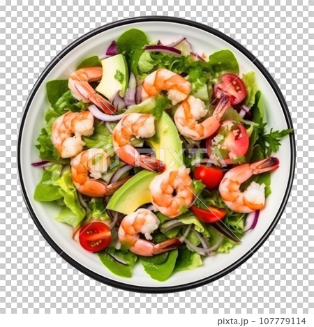 Salad from green leaves mix and vegetables with avocado and shrimps isolated Salad from green leaves mix and vegetables with avocado and shrimps isolated 107779114