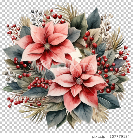 watercolor poinsettia christmas wreath flower isolated 107779184