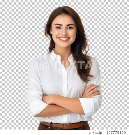Cheerful brunette business woman isolated 107779190
