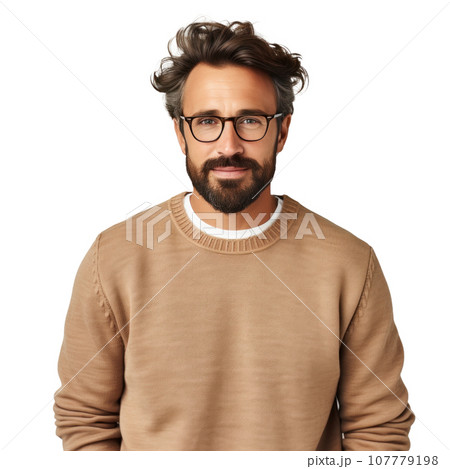 A Positive Young Man with a Beard, Wearing a Casual Sweater and Glasses 107779198
