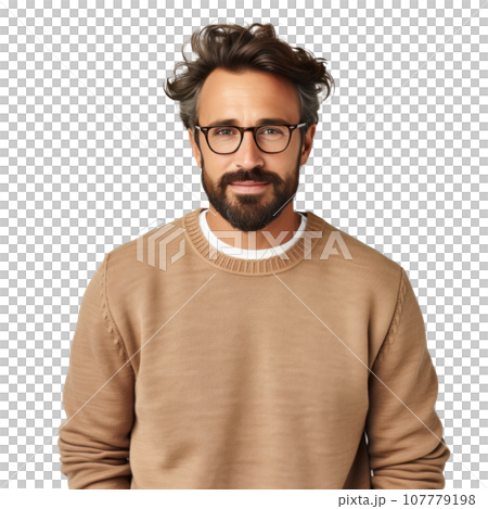 A Positive Young Man with a Beard, Wearing a Casual Sweater and Glasses 107779198