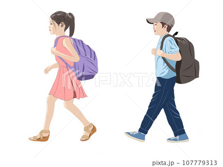 リュックを背負い歩く少年少女イラスト 107779313