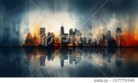 colored abstract city skyline with reflection -...のイラスト素材 [107779340 ...