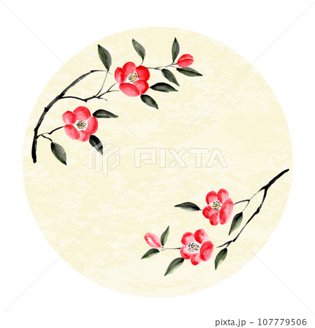 和紙の背景に椿の墨彩画　水墨画　墨絵　ベクターイラスト 107779506