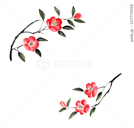 椿の墨彩画 水墨画 墨絵 アナログ手描きのイラスト素材 [107779508