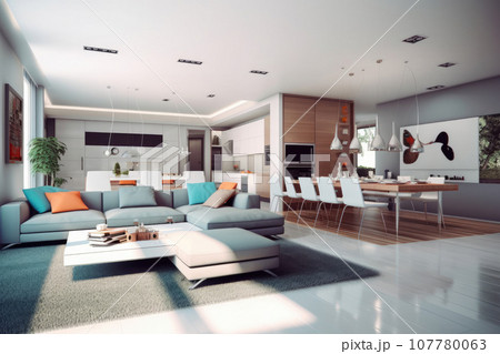 Modern house interior background with living room 107780063