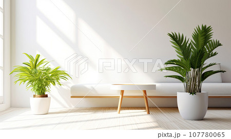 Wooden tabletop or countertop in modern and luxury white living room with white wall 107780065