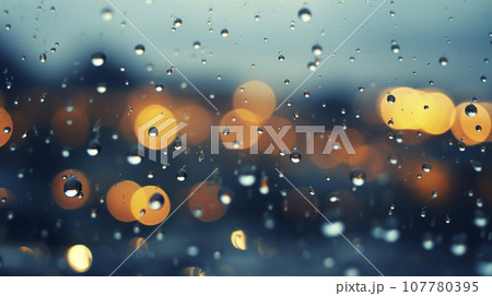 窓ガラスに雨粒と都会の風景「AI生成画像」 107780395
