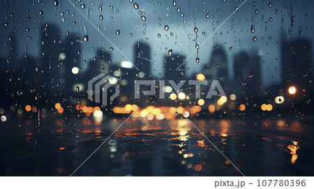 窓ガラスに雨粒と都会の風景「AI生成画像」 107780396
