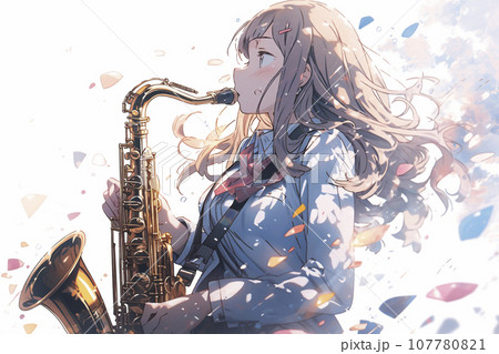 サックスを演奏する吹奏楽部の女子高生イラスト「AI生成画像」 サックスを演奏する吹奏楽部の女子高生イラスト「AI生成画像」 107780821