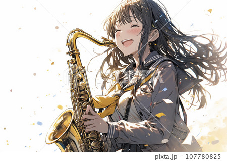 サックスを演奏する吹奏楽部の女子高生イラスト「AI生成画像」 107780825