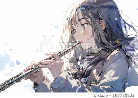 フルートを演奏する吹奏楽部の女子高生イラスト「AI生成画像」 107780832