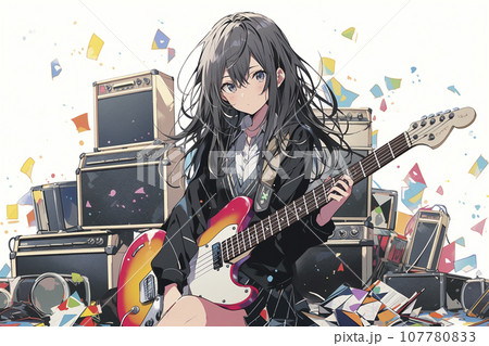 ギターを演奏する軽音楽部の女子高生イラスト「AI生成画像」 107780833