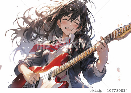 ギターを演奏する軽音楽部の女子高生イラスト「AI生成画像」 107780834