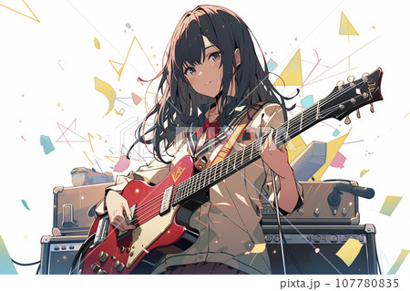 ギターを演奏する軽音楽部の女子高生イラスト「AI生成画像」 ギターを演奏する軽音楽部の女子高生イラスト「AI生成画像」 107780835