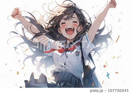 飛び跳ねて喜ぶ元気な女子高生「AI生成画像」 107780845