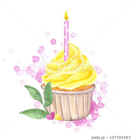 Watercolor cupcake with yellow whipped cream. Decorated pink candle, green leaves. Hand drawn illustration isolated on white background. Happy birthday cards. Food clipart Watercolor cupcake with yellow whipped cream. Decorated pink candle, green leaves. Hand drawn illustration isolated on white background. Happy birthday cards. Food clipart 107783567