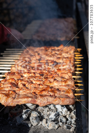 A lot of juicy meat kebabs in a row on the grill. Meat pieces strung on wooden skewers on the grill. The process of cooking kebabs with a lot of smoke. Cooking in nature 107783635